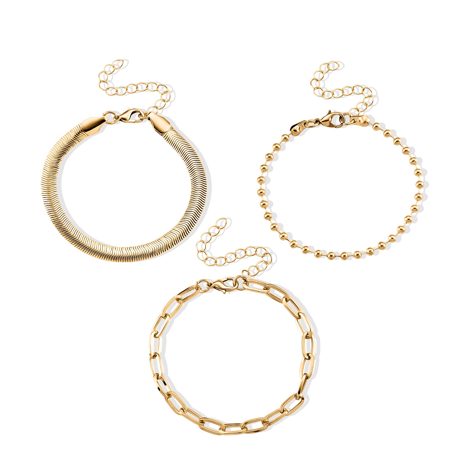 Set of 3 - Snake, Paperclip and Ball Bead Chain Bracelet in Goldtone (7.00-9.00In)
