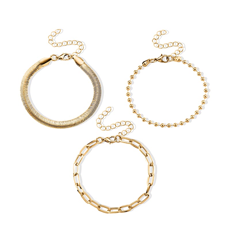 Set of 3 - Snake, Paperclip and Ball Bead Chain Bracelet in Goldtone (7.00-9.00In)