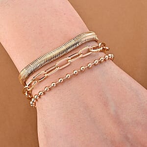 Set of 3 - Snake, Paperclip and Ball Bead Chain Bracelet in Goldtone (7.00-9.00In)