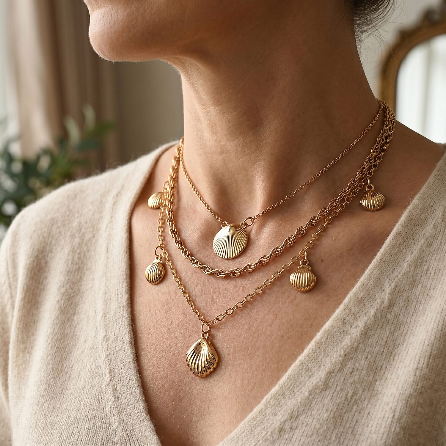 Set of 3 - Rope with Shell Charms Chain Necklace in Goldtone 18/20/22-2 Inches