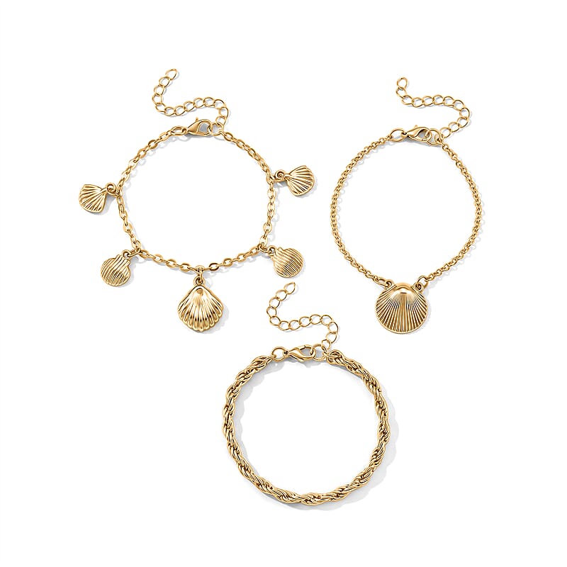 Set of 3 - Rope with Shell Charms Chain Bracelet in Goldtone (7.00-9.00In)