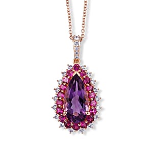 EverTrue Rose De France Amethyst and Multi Gemstone 11.40 ctw Regal Teardrop Pendant in 18K RG Plated with ION Plated RG Stainless Steel Necklace 20 Inches