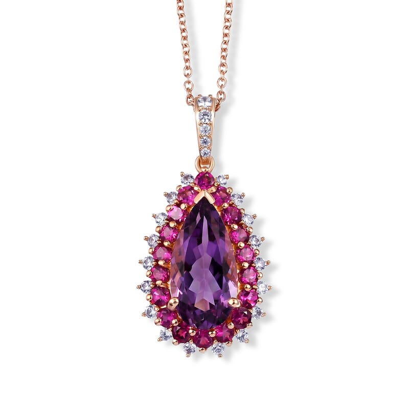 EverTrue Rose De France Amethyst and Multi Gemstone 11.40 ctw Regal Teardrop Pendant in 18K RG Plated with ION Plated RG Stainless Steel Necklace 20 Inches