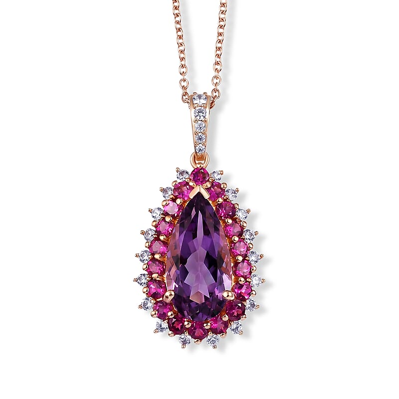 EverTrue Rose De France Amethyst and Multi Gemstone 11.40 ctw Regal Teardrop Pendant in 18K RG Plated with ION Plated RG Stainless Steel Necklace 20 Inches