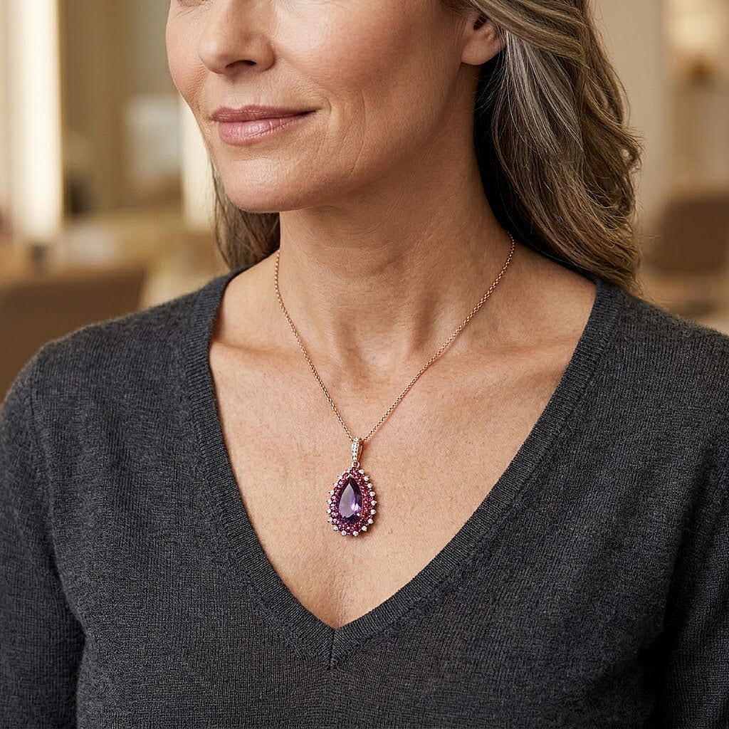 EverTrue Rose De France Amethyst and Multi Gemstone 11.40 ctw Regal Teardrop Pendant in 18K RG Plated with ION Plated RG Stainless Steel Necklace 20 Inches