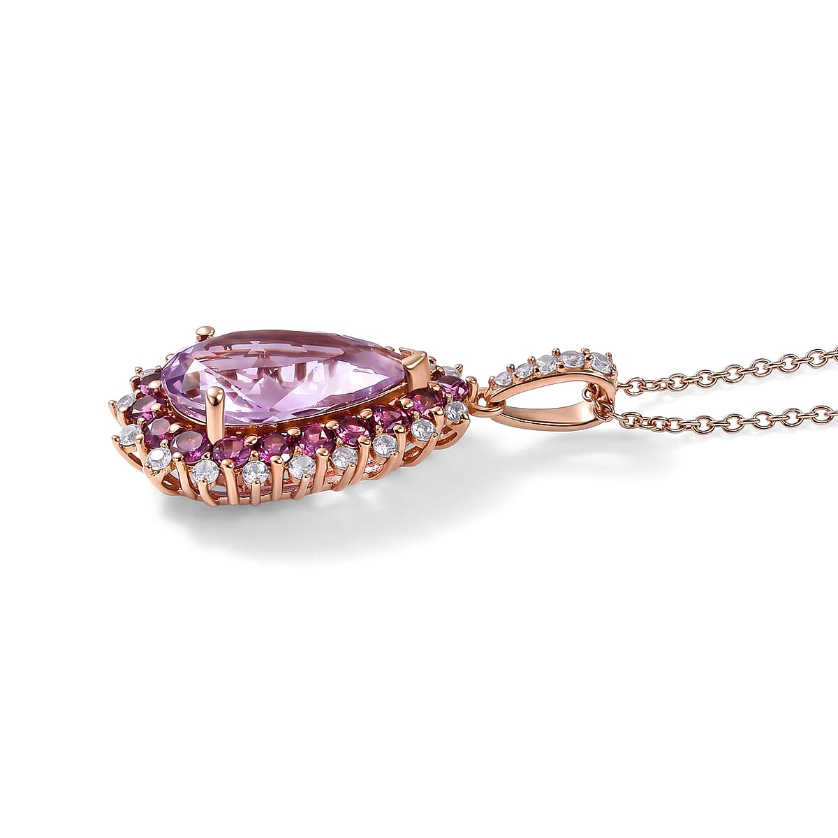 EverTrue Rose De France Amethyst and Multi Gemstone 11.40 ctw Regal Teardrop Pendant in 18K RG Plated with ION Plated RG Stainless Steel Necklace 20 Inches image number 3