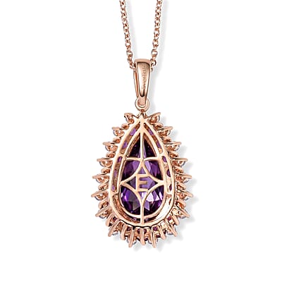 EverTrue Rose De France Amethyst and Multi Gemstone 11.40 ctw Regal Teardrop Pendant in 18K RG Plated with ION Plated RG Stainless Steel Necklace 20 Inches
