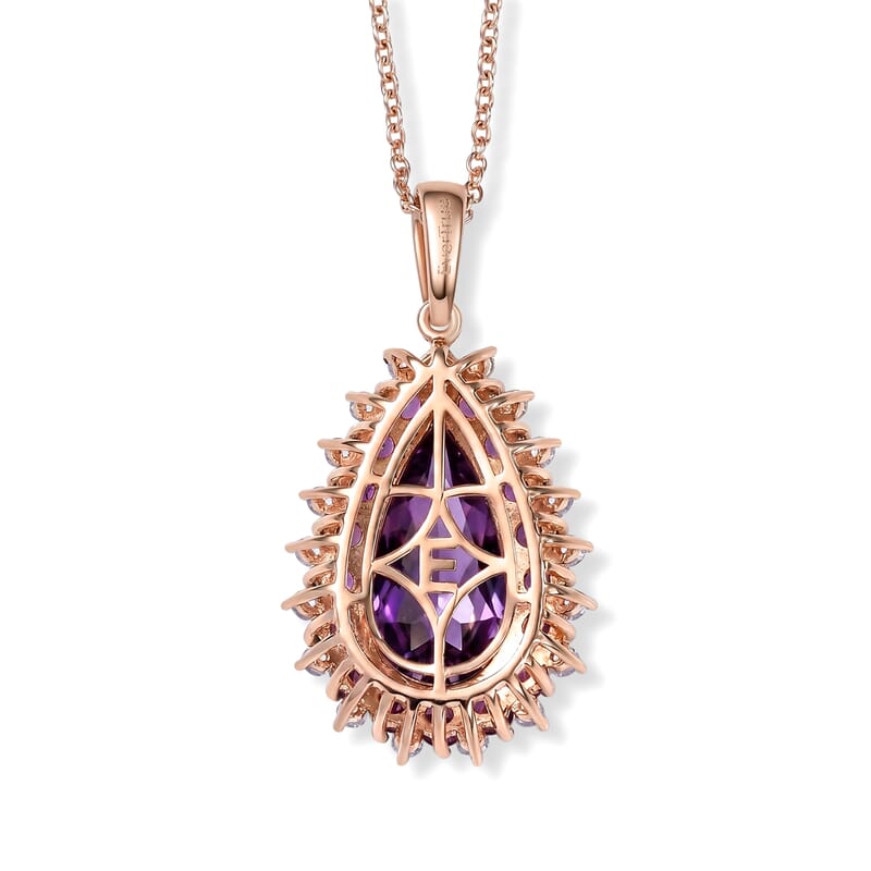 EverTrue Rose De France Amethyst and Multi Gemstone 11.40 ctw Regal Teardrop Pendant in 18K RG Plated with ION Plated RG Stainless Steel Necklace 20 Inches
