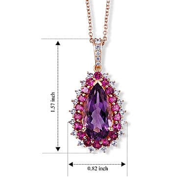 EverTrue Rose De France Amethyst and Multi Gemstone 11.40 ctw Regal Teardrop Pendant in 18K RG Plated with ION Plated RG Stainless Steel Necklace 20 Inches