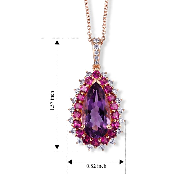 EverTrue Rose De France Amethyst and Multi Gemstone 11.40 ctw Regal Teardrop Pendant in 18K RG Plated with ION Plated RG Stainless Steel Necklace 20 Inches