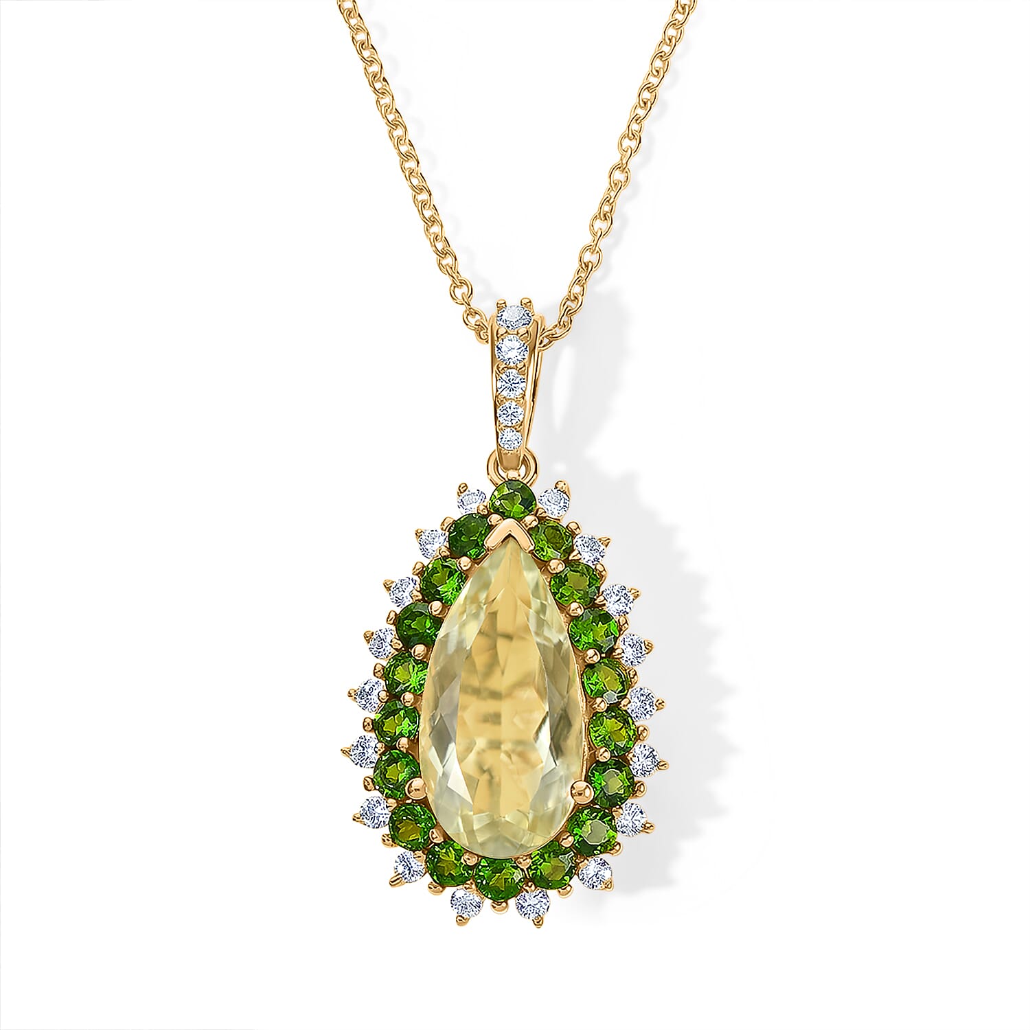 EverTrue Montezuma Prasiolite and Multi Gemstone 11.10 ctw Regal Teardrop Pendant in 18K YG Plated with ION Plated YG Stainless Steel Necklace (20 Inches)