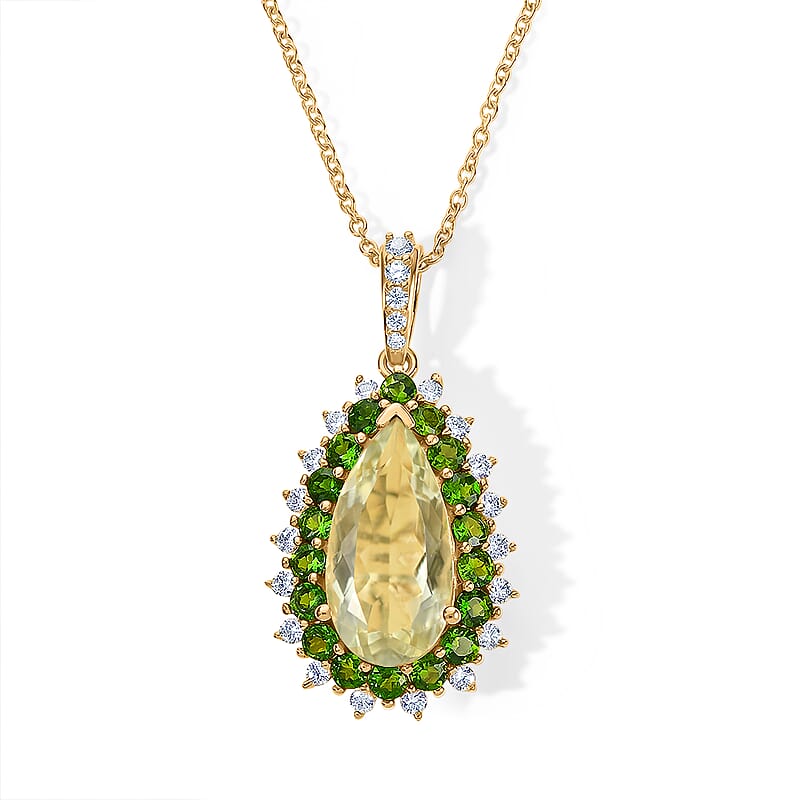 EverTrue Montezuma Prasiolite and Multi Gemstone 11.10 ctw Regal Teardrop Pendant in 18K YG Plated with ION Plated YG Stainless Steel Necklace (20 Inches)