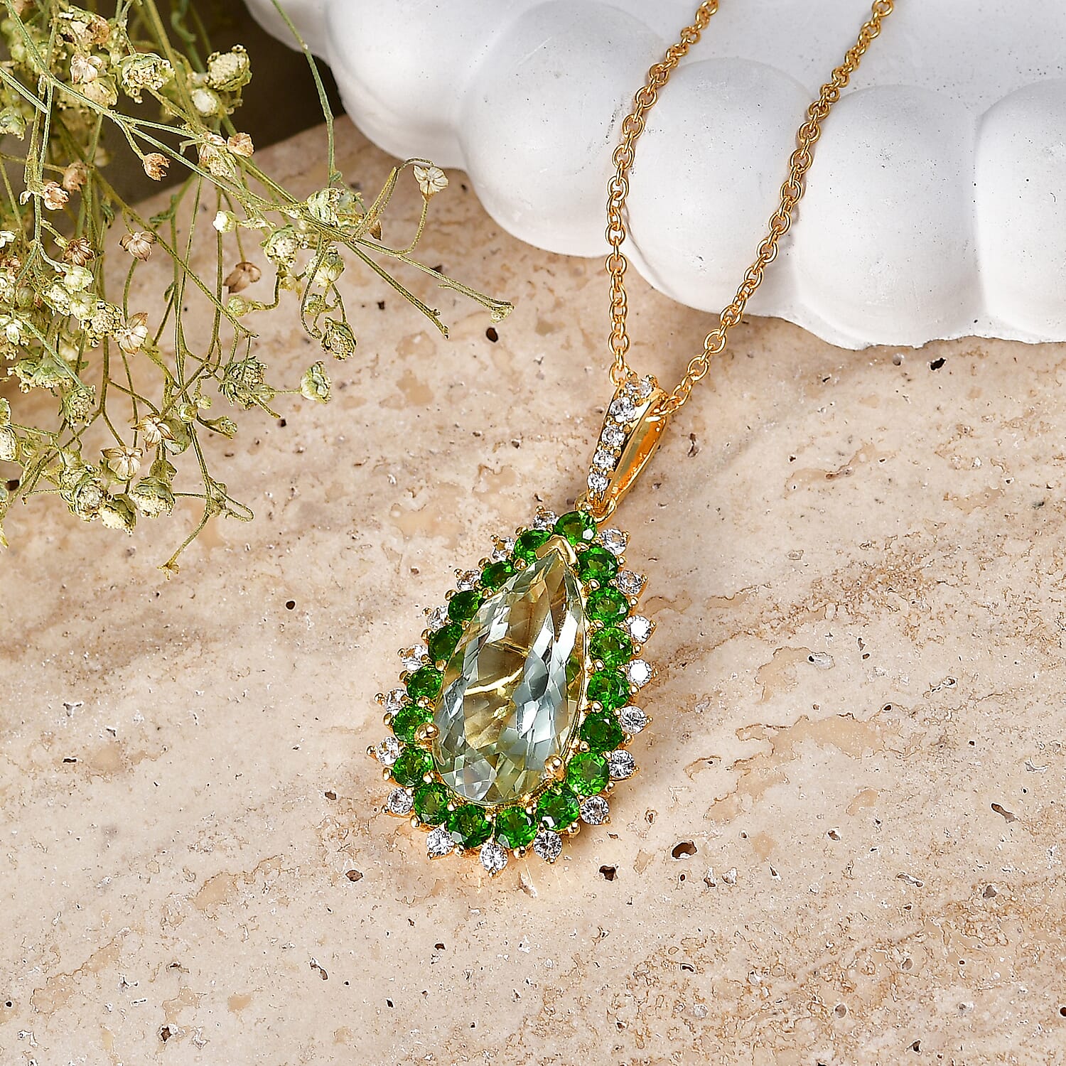 EverTrue Montezuma Prasiolite and Multi Gemstone 11.10 ctw Regal Teardrop Pendant in 18K YG Plated with ION Plated YG Stainless Steel Necklace (20 Inches)