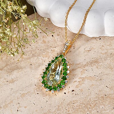 EverTrue Montezuma Prasiolite and Multi Gemstone 11.10 ctw Regal Teardrop Pendant in 18K YG Plated with ION Plated YG Stainless Steel Necklace (20 Inches)
