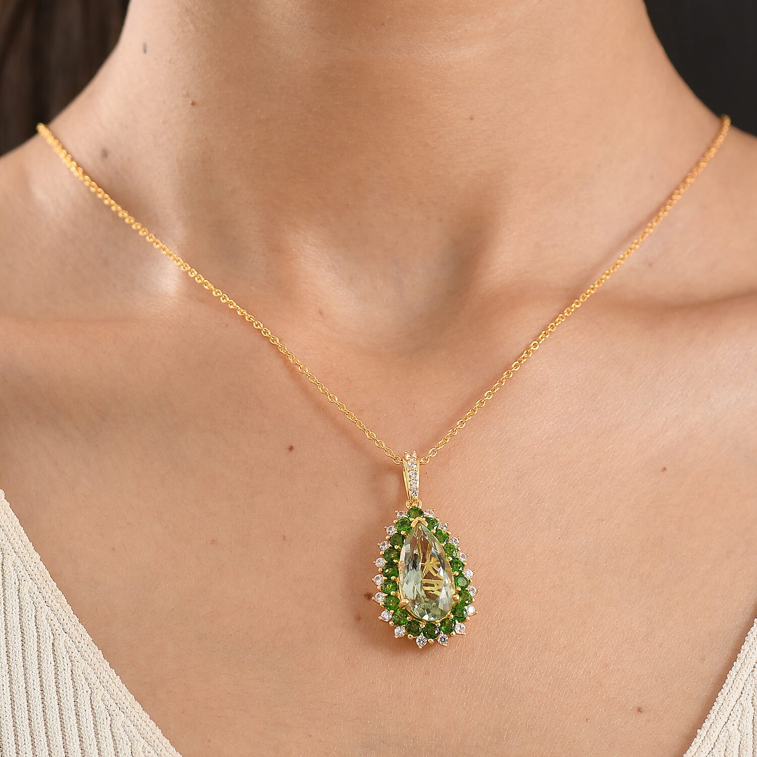EverTrue Montezuma Prasiolite and Multi Gemstone 11.10 ctw Regal Teardrop Pendant in 18K YG Plated with ION Plated YG Stainless Steel Necklace (20 Inches)