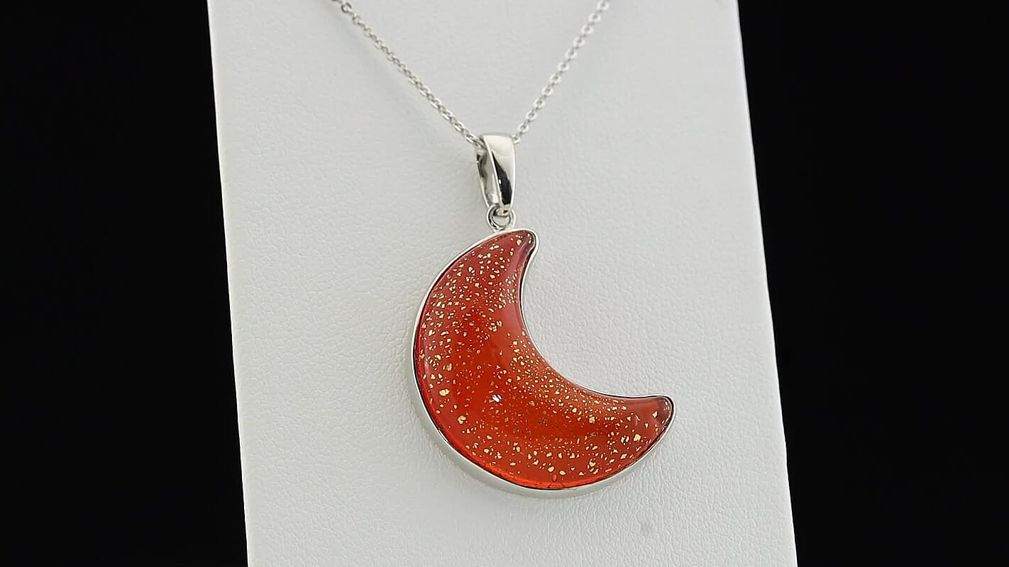 D''Joy Red Murano Style Cresent Moon Pendant Necklace (20 Inches) in Rhodium Over Sterling Silver