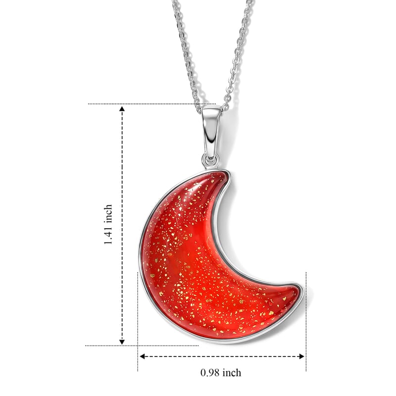 D'Joy Red Murano Style Cresent Moon Pendant Necklace (20 Inches) in Rhodium Over Sterling Silver