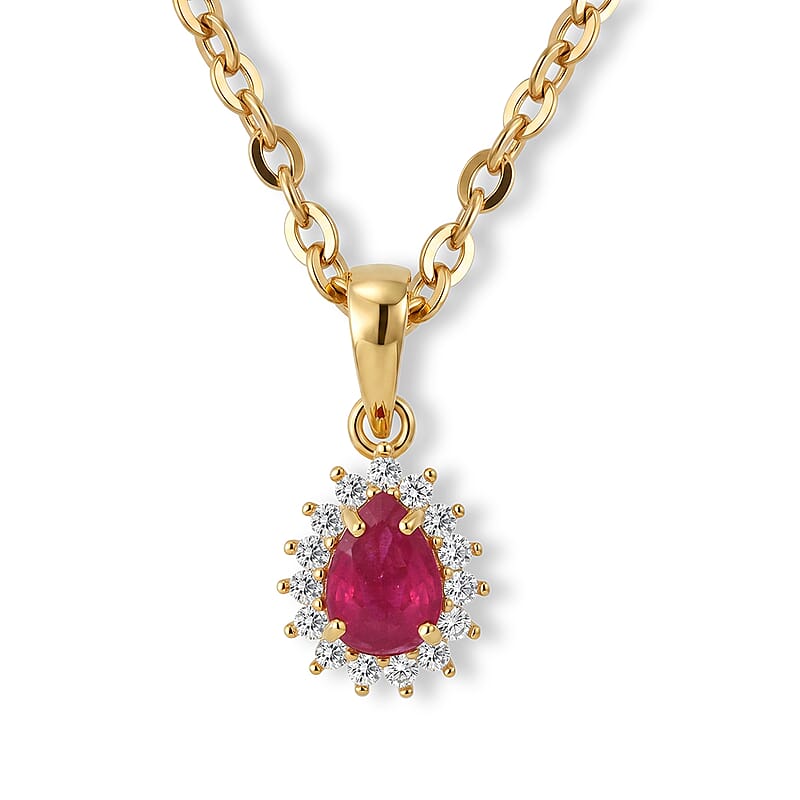 D'Joy Niassa Ruby (FF) and White Zircon 1.35 ctw Crimson Dew Pendant Necklace in 14K Yellow Gold Over Sterling Silver 20 Inches