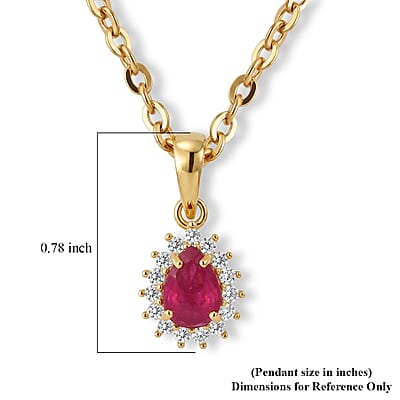 D'Joy Niassa Ruby (FF) and White Zircon 1.35 ctw Crimson Dew Pendant Necklace in 14K Yellow Gold Over Sterling Silver 20 Inches
