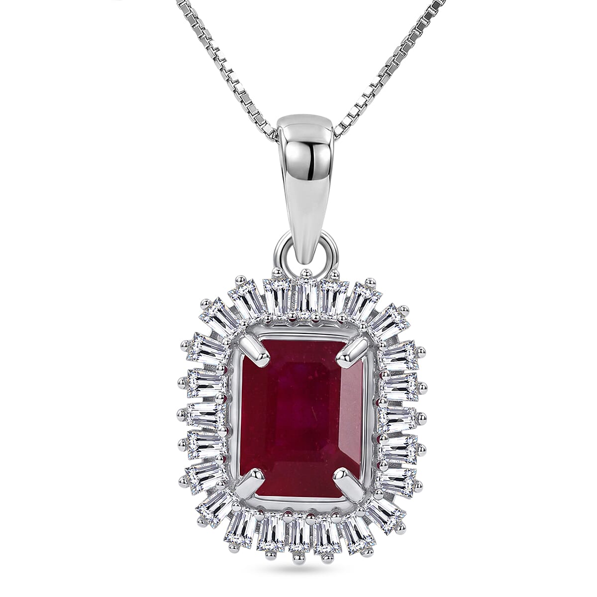 D'Joy Niassa Ruby (FF) and Moissanite 3.10 ctw Imperial Frame Pendant Necklace in Rhodium Over Sterling Silver 18 Inches