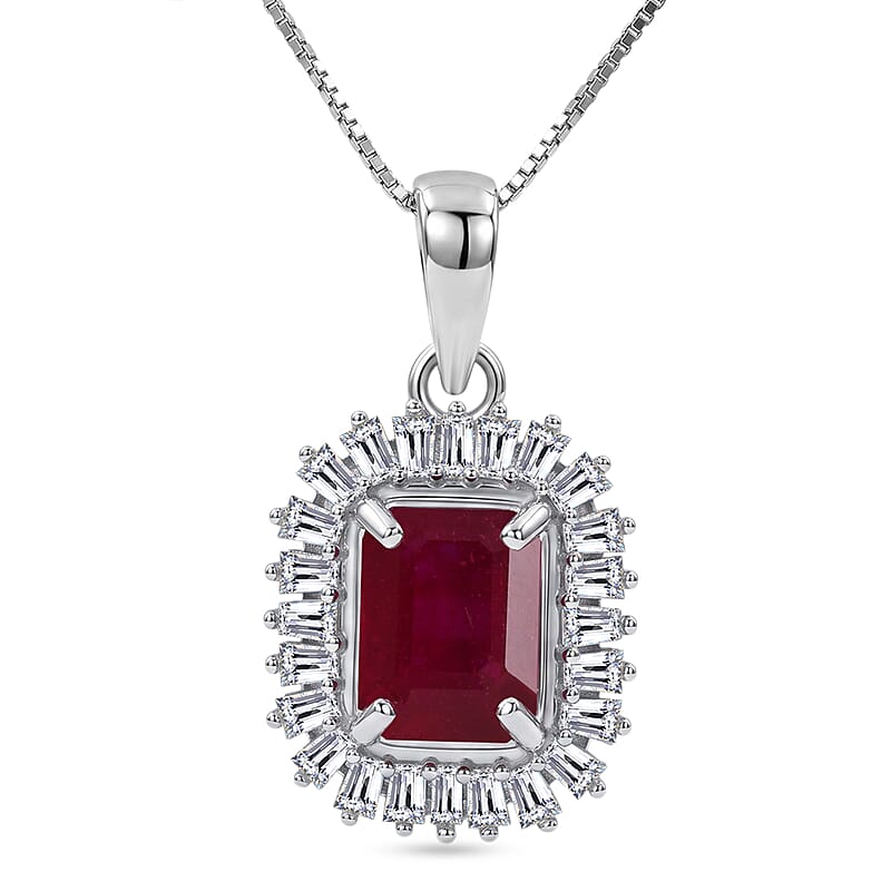 D'Joy Niassa Ruby (FF) and Moissanite 3.10 ctw Imperial Frame Pendant Necklace in Rhodium Over Sterling Silver 18 Inches