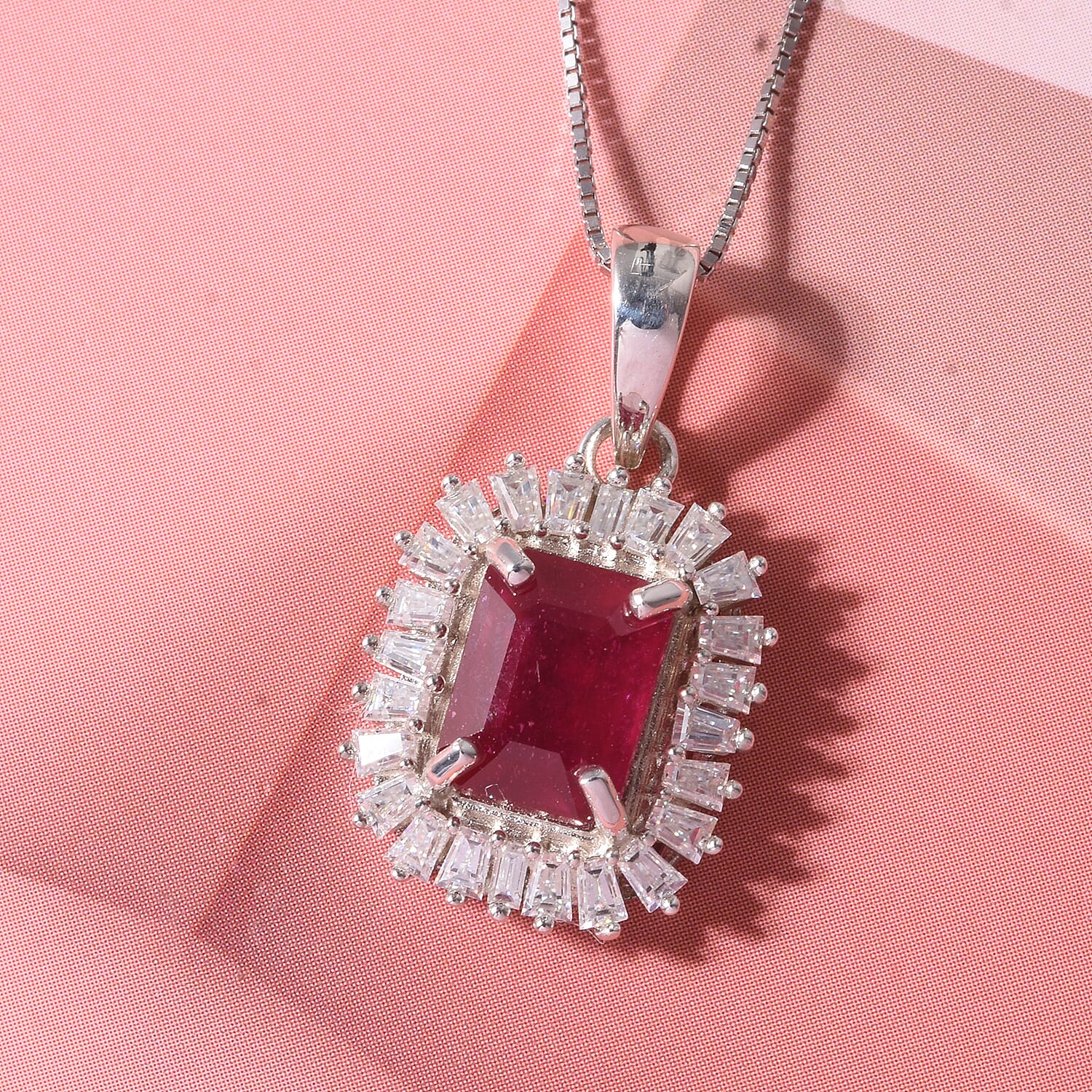 D'Joy Niassa Ruby (FF) and Moissanite 3.10 ctw Imperial Frame Pendant Necklace in Rhodium Over Sterling Silver 18 Inches