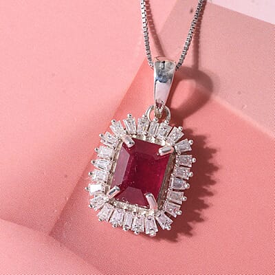 D'Joy Niassa Ruby (FF) and Moissanite 3.10 ctw Imperial Frame Pendant Necklace in Rhodium Over Sterling Silver 18 Inches