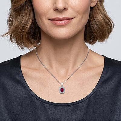 D'Joy Niassa Ruby (FF) and Moissanite 3.10 ctw Imperial Frame Pendant Necklace in Rhodium Over Sterling Silver 18 Inches