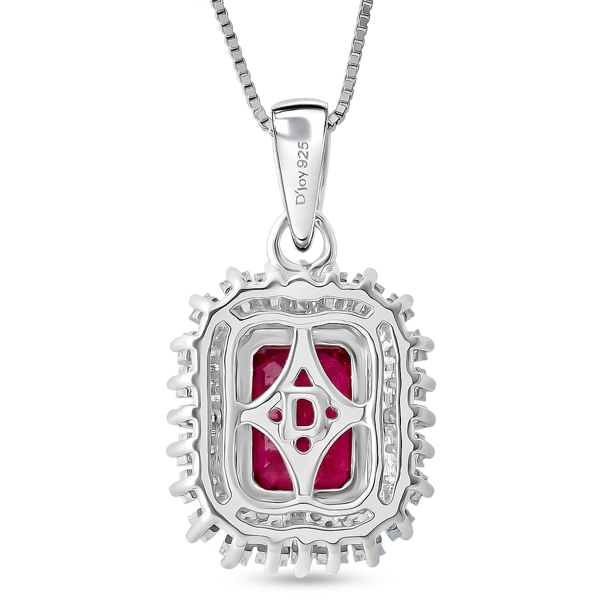 D'Joy Niassa Ruby (FF) and Moissanite 3.10 ctw Imperial Frame Pendant Necklace in Rhodium Over Sterling Silver 18 Inches
