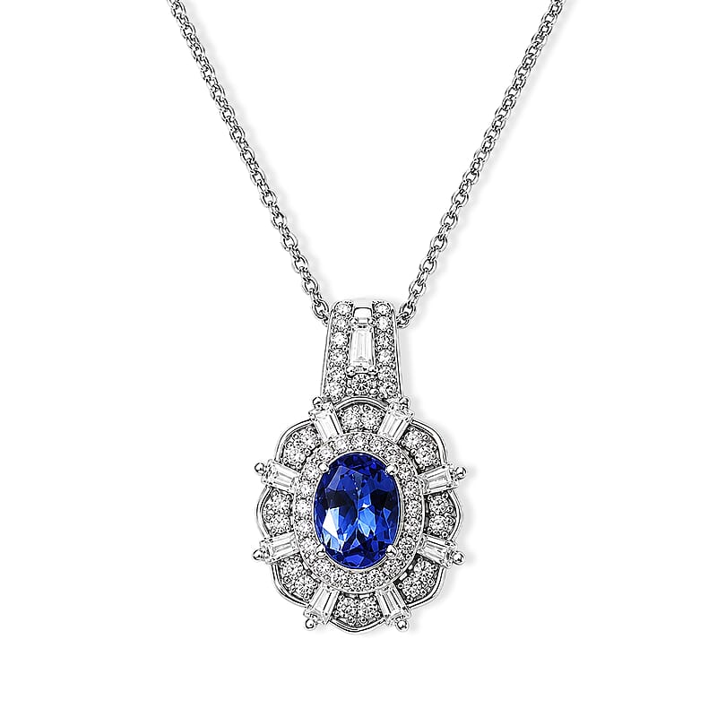 D'Joy Premium Tanzanite and Moissanite 1.70 ctw Celestial Halo Pendant Necklace in Rhodium Over Sterling Silver 20 Inches
