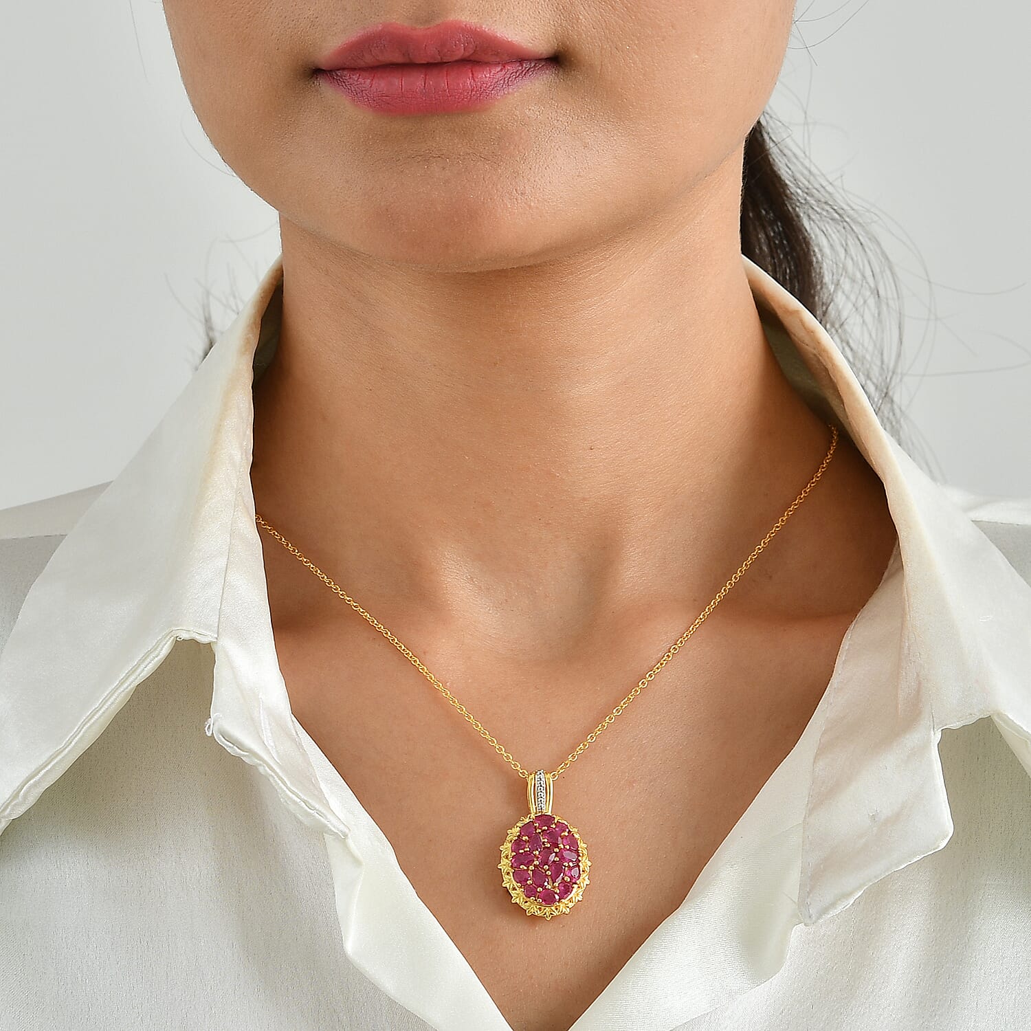 EverTrue Niassa Ruby (FF) 4.00 ctw Pendant in 18K YG Plated and Platinum Bond with Stainless Steel Necklace 20 Inches