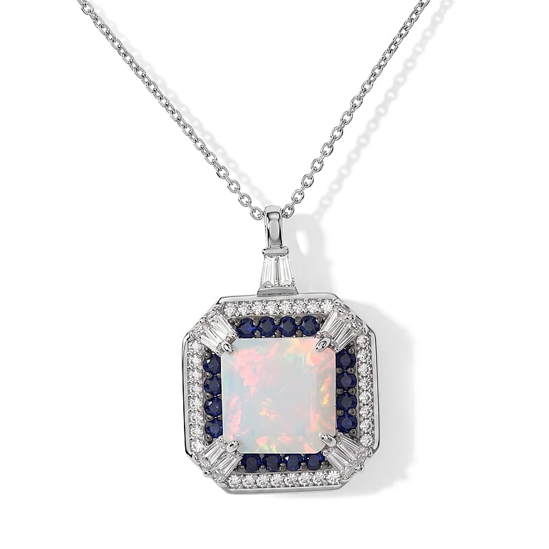 D'Joy Asscher Cut Premium Ethiopian Welo Opal and Multi Gemstone 3.90 ctw Pendant Necklace in Rhodium Over Sterling Silver (20 Inches)