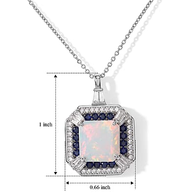 D'Joy Asscher Cut Premium Ethiopian Welo Opal and Multi Gemstone 3.90 ctw Pendant Necklace in Rhodium Over Sterling Silver (20 Inches)