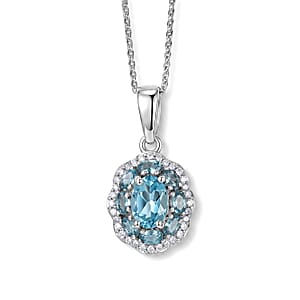 D'Joy Premium Betroka Blue Apatite and Moissanite 1.60 ctw Sea Royale Pendant Necklace (20 Inches) in Rhodium Over Sterling Silver