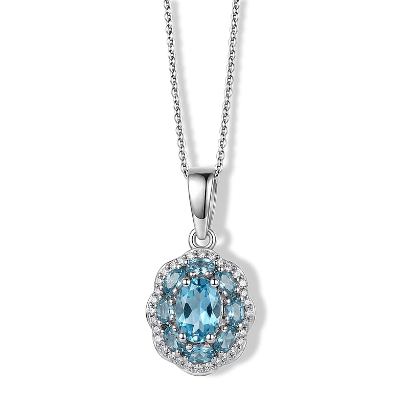 D'Joy Premium Betroka Blue Apatite and Moissanite 1.60 ctw Sea Royale Pendant Necklace (20 Inches) in Rhodium Over Sterling Silver