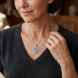 D'Joy Premium Betroka Blue Apatite and Moissanite 1.60 ctw Sea Royale Pendant Necklace (20 Inches) in Rhodium Over Sterling Silver