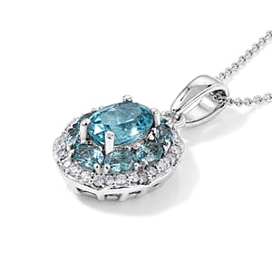 D'Joy Premium Betroka Blue Apatite and Moissanite 1.60 ctw Sea Royale Pendant Necklace (20 Inches) in Rhodium Over Sterling Silver