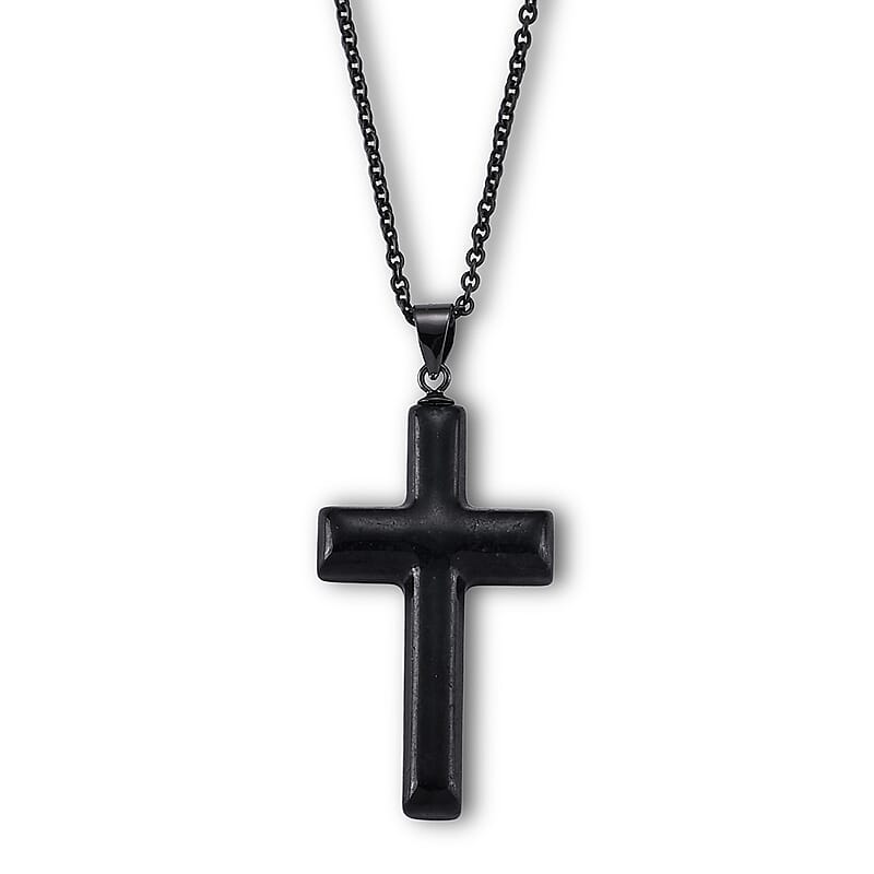 D'Joy Black Jade (D) 16.10 ctw Cross Men's Pendant in Sterling Silver with Stainless Steel Necklace (20 Inches)