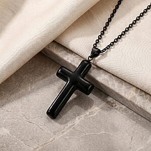 D'Joy Black Jade (D) 16.10 ctw Cross Men's Pendant in Sterling Silver with Stainless Steel Necklace (20 Inches) (Ships in 8-10 Days)
