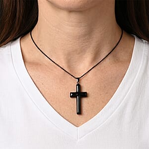 D'Joy Black Jade (D) 16.10 ctw Cross Men's Pendant in Sterling Silver with Stainless Steel Necklace (20 Inches) (Ships in 8-10 Days)