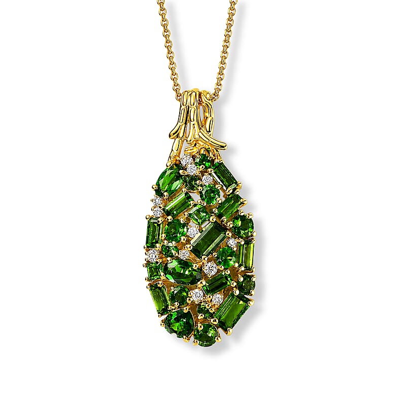 D'Joy Chrome Diopside and Moissanite 3.65 ctw Regal Garden Pendant Necklace in 18K Vermeil Yellow Gold Over Sterling Silver 20 Inches