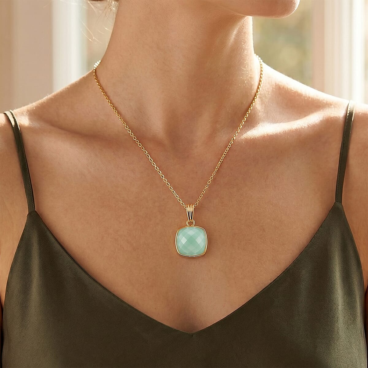 Checkerboard Cut Chalcedony 24.65 ctw Pendant Necklace in 14K Yellow Gold Over Sterling Silver 18 Inches  image number 2