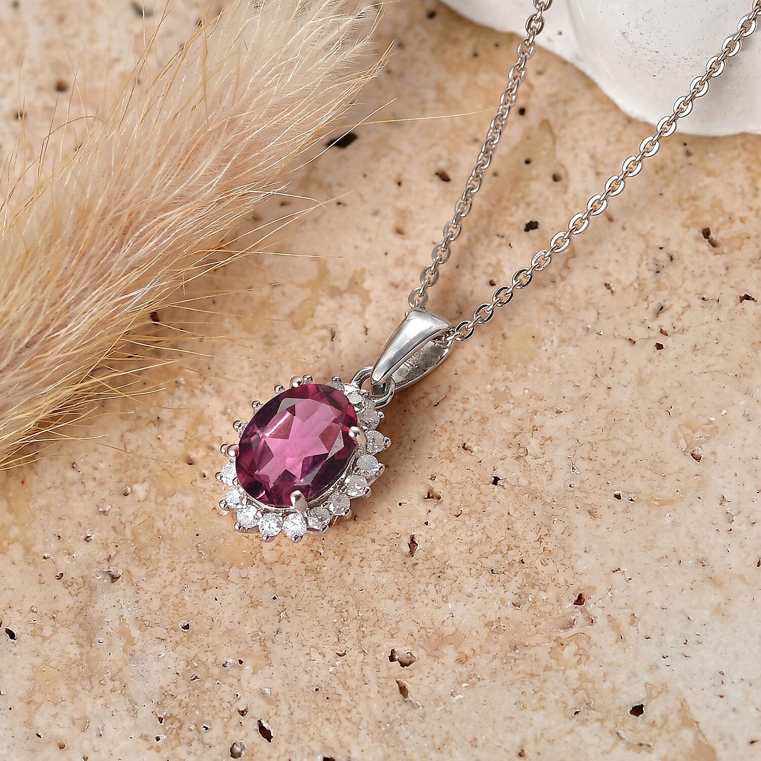 D'Joy Premium Ouro Fino Rubellite and Diamond 1.65 ctw Pendant Necklace in Rhodium Over Sterling Silver 20 Inches