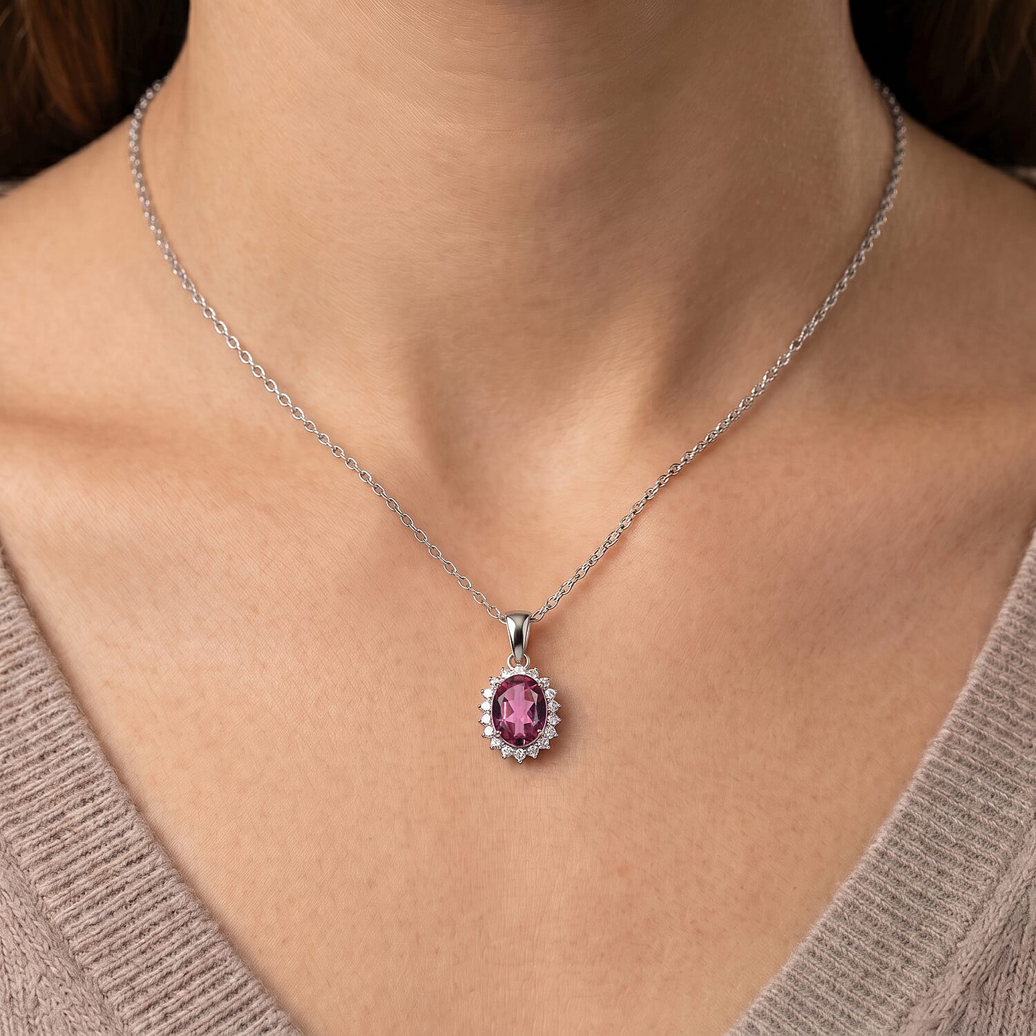 D'Joy Premium Ouro Fino Rubellite and Diamond 1.65 ctw Pendant Necklace in Rhodium Over Sterling Silver 20 Inches
