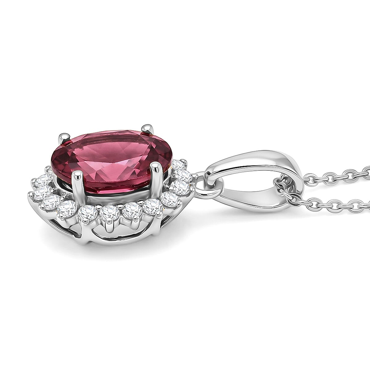 D'Joy Premium Ouro Fino Rubellite and Diamond 1.65 ctw Pendant Necklace in Rhodium Over Sterling Silver 20 Inches