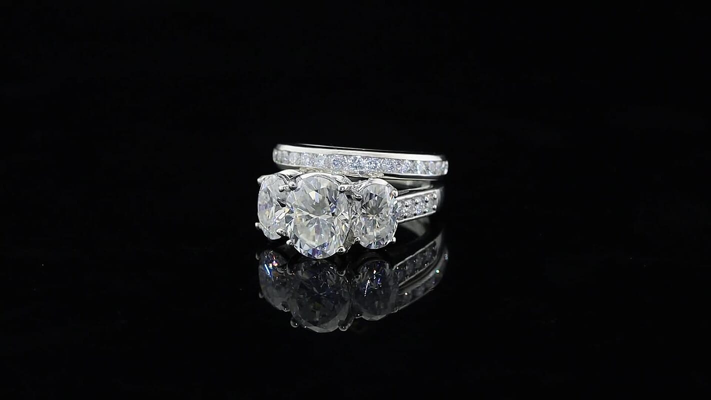 D'Joy Moissanite (Ovl 10x8mm) Set of 2 Rhythm of Time Ring in Rhodium Over Sterling Silver (Size 6) 6.90 ctw 4493281