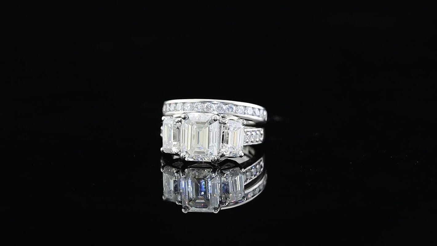 D'Joy Moissanite (Ovl 10x8mm) Set of 2 Rhythm of Time Ring in Rhodium Over Sterling Silver (Size 6) 6.90 ctw 4493281