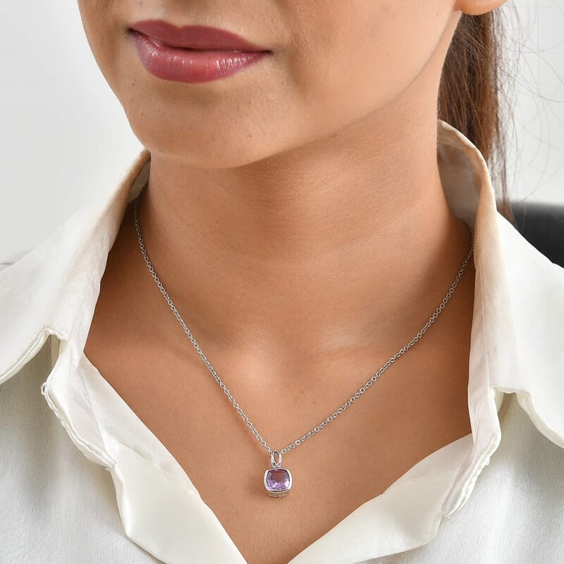 D'Joy Mashamba Amethyst 1.85 ctw Pendant in Rhodium Over Sterling Silver with Stainless Steel Necklace 20 Inches