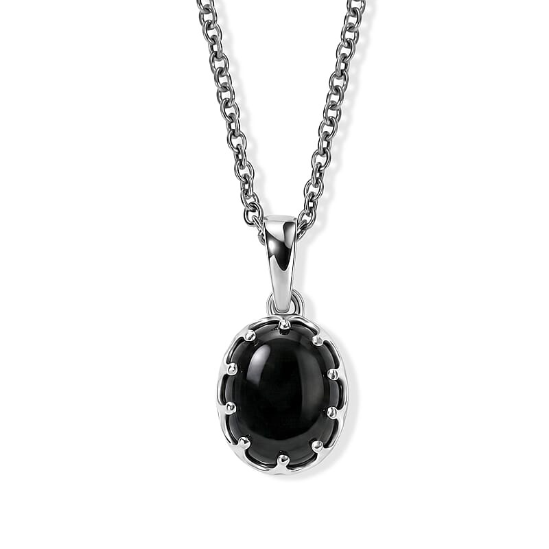 D'Joy Black Jade (D) 3.30 ctw Pendant in Rhodium Over Sterling Silver with Stainless Steel Necklace 20 Inches