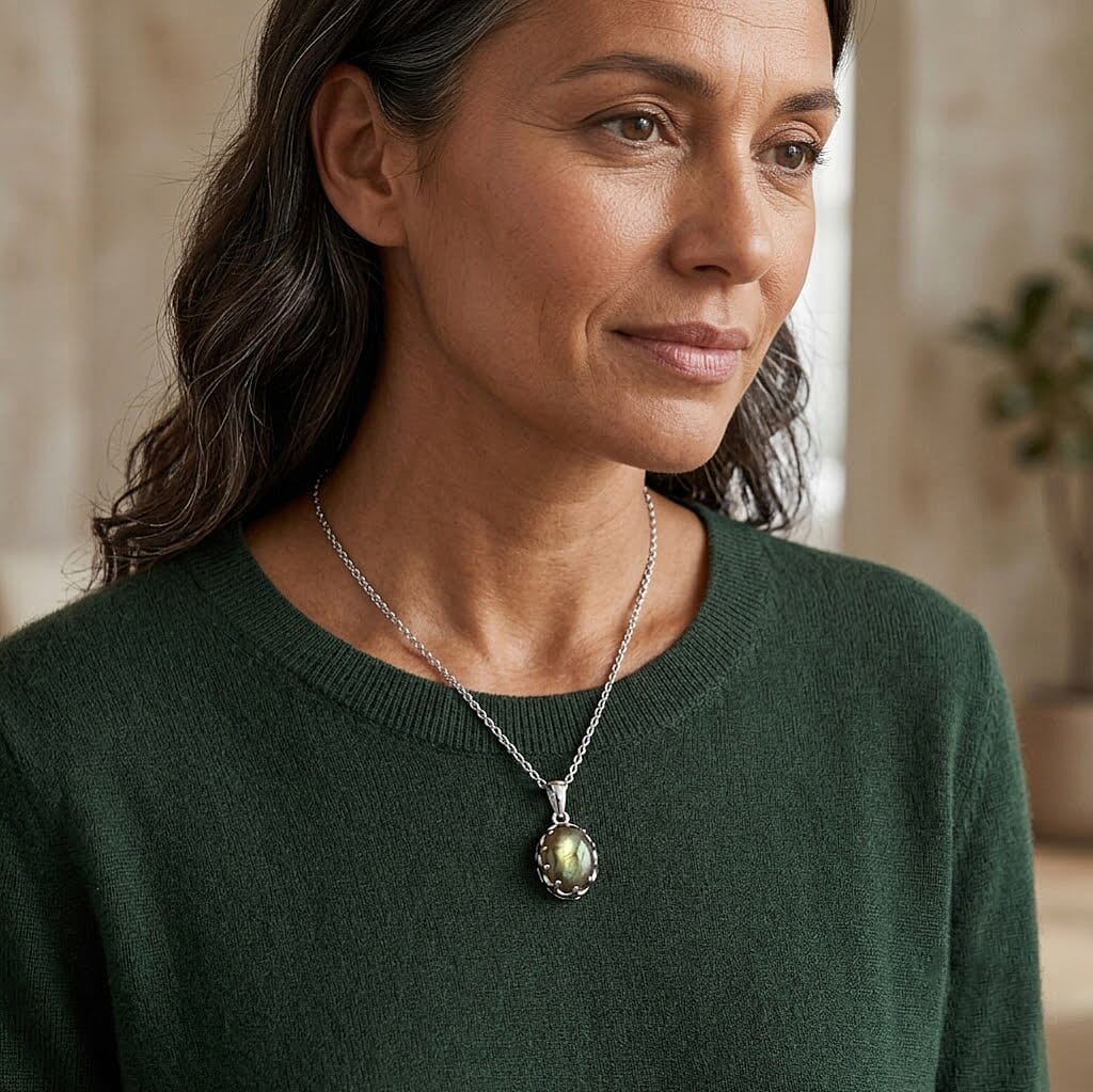 D'Joy Madagascar Fire Labradorite 2.85 ctw Pendant in Rhodium Over Sterling Silver with Stainless Steel Necklace 20 Inches